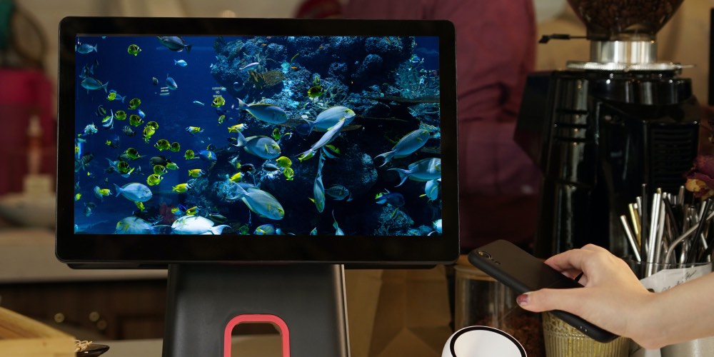 a video of coral reef on a TV. Person watching with phone in hand