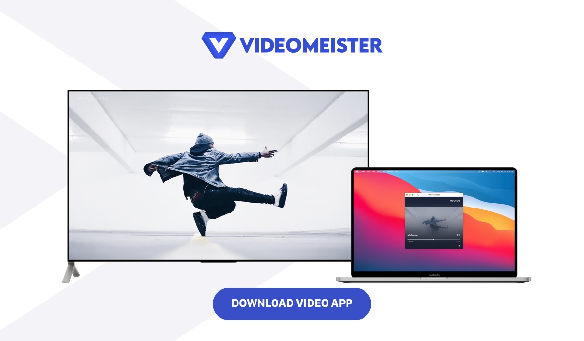 VideoMeister banner with a Smart TV and a MacBook. There's a VideoMeister logo above and a button below