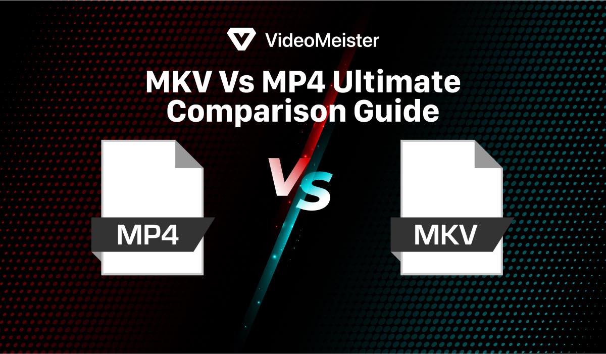 A featured image showing two file icons, one with MP4, other with MKV and a 'VS' sign between them. The header above them says "MKV vs MP4 Ultimate Comparison Guide" and there's a VideoMeister logo above the header