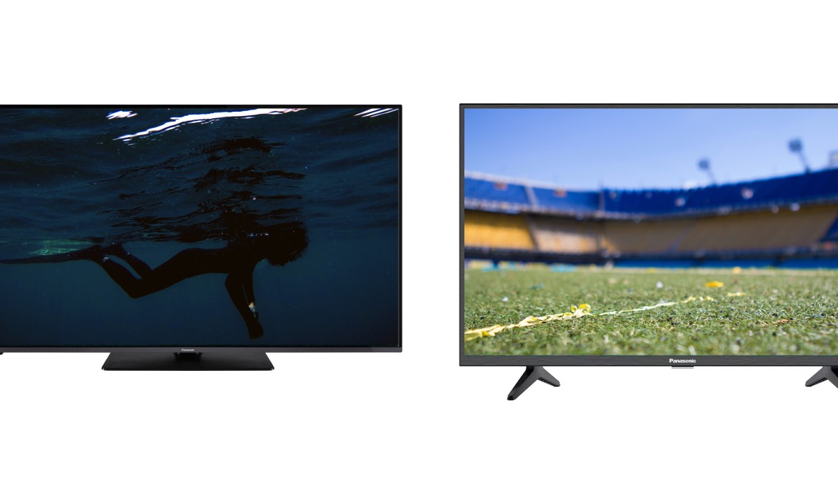 Two TVs, one displaying a person swimming, the other a football pitch