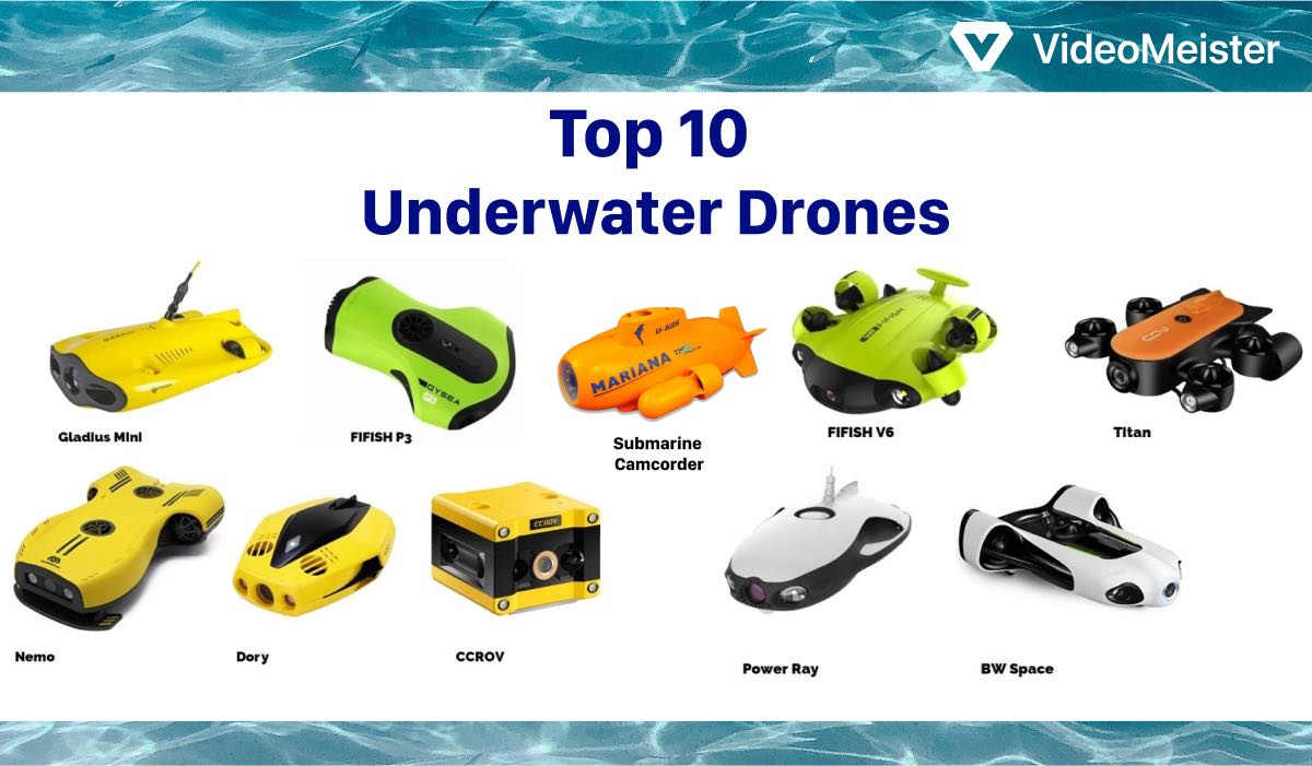 Ten underwater drone models and a header 'Top 10 Underwater Drones'